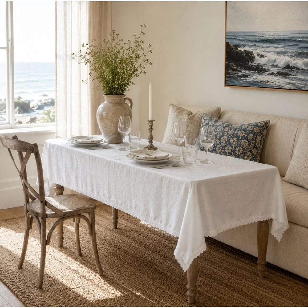 Vintage Eyelet Lace Scalloped Tablecloth Runner White Cottage Coastal 43x87 Boho